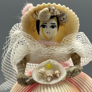 Vtg Handmade Seashell Art Figurine Bride Doll Folk Art Pink Nautical Kitschy